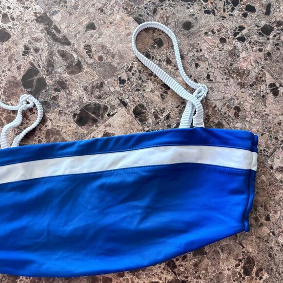 Aerie | Women’s Blue and White Bandeau Bikini Top White Ribbed Adjustable Straps - Picture 4 of 14